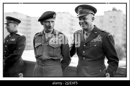WW2 Allied Commanders, Commander Dwight D. Eisenhower Supreme Headquarters Allied Expeditionary Force and Field Marshal Bernard Law Montgomery, 1st Viscount Montgomery of Alamein, KG, GCB, DSO, PC, DL, nicknamed 'Monty'. June 5, 1945 in Berlin, Germany. World War II Stock Photo