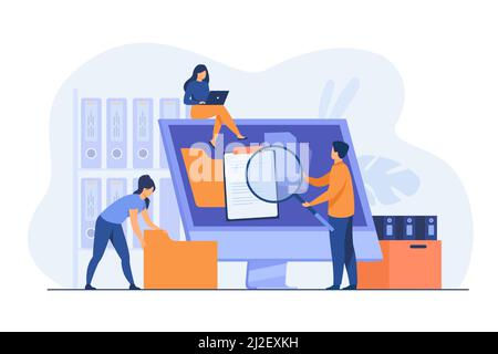Office workers organizing data storage and file archive on server or computer. PC users searching documents on database. Vector illustration for infor Stock Vector