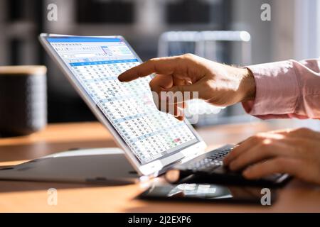 Electronic Spreadsheet Analyst Or Auditor Using Software On Hybrid Laptop Stock Photo