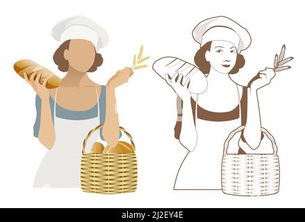 Female baker wearing chef hat holding a basket of bread and some ears of wheat, isolated on a white background. Stock Vector