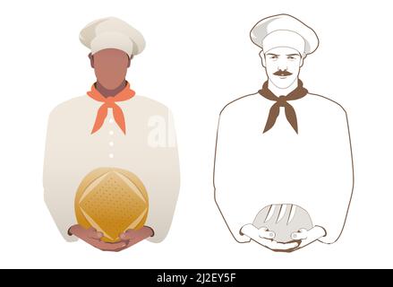 Baker with hat and scarf holding a loaf of bread in his hands, isolated on white background. Stock Vector