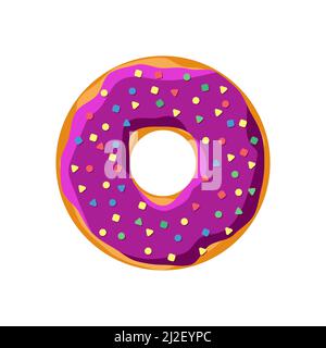 Sweet tasty donut isolated on white background. Purple glazed and colorful sprinkles top view for cake cafe decoration or menu design. Delicious bakery vector eps illustration Stock Vector