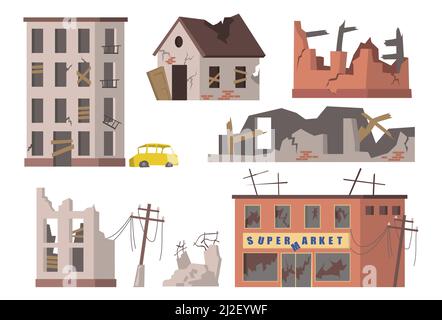 Abandoned houses set. Old ruined city buildings, apartment houses and supermarkets debris, torn power lines. Vector illustrations collection for disas Stock Vector