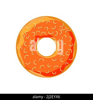 Sweet colorful tasty donut isolated on white background. Orange glazed and sprinkle doughnut top view for cake cafe decoration or menu design. Delicious bakery vector eps illustration Stock Vector
