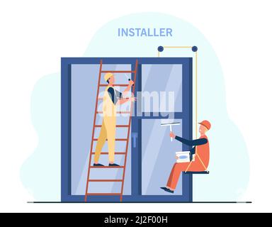 Professional workers installing window. Ladder, installer, glass flat vector illustration. Renovation and construction concept for banner, website des Stock Vector