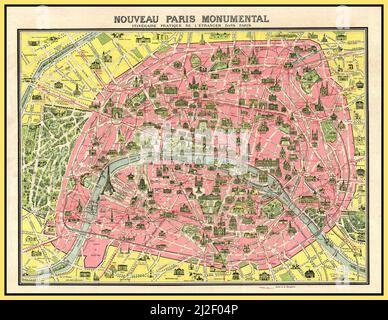 PARIS VINTAGE 1900s MONUMENTAL TOURIST POCKET MAP 1920 example of the famous Nouveau Paris Monumental tourist pocket map of Paris. Covers Paris from the Bois de Boulogne to the Bois de Vincennes. Monuments and important buildings are shown in relief - including the Eiffel Tower. Also shows roadways and Metro lines.. The state of development of the Paris Metro, particularly the extension of the 11, suggests that this map must have been printed around 1920 - 1925. Paris City France Stock Photo
