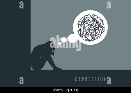 depressed girl sitting alone and thinking about trouble Stock Vector