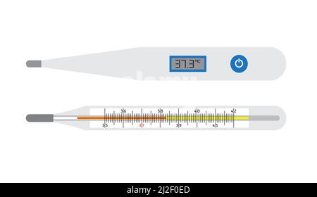 Vector flat cartoon realistic set of medical and digital thermometer isolated on white background Stock Vector