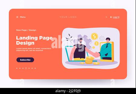 Business people using computers for closing deal online. Investor and startup leader shaking hands over money. Vector illustration for virtual handsha Stock Vector