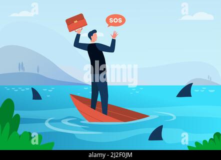 Businessman going through financial crisis and bankruptcy metaphor. Man on sinking boat in sea with sharks. Flat vector illustration. Bankrupt concept Stock Vector