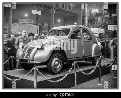 1949 Citroen 2CV launched at Paris France Motor Show priced at  185,000 FFrs  with Michelin Pilote tyres. Post war French launch of revolutionary Citroen Traction Avant  deux chevaux car, which has subsequently achieved iconic status worldwide Stock Photo