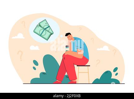 Sad bankrupt thinking of money problems over cup of coffee. Person having debts and financial troubles, feeling depression. Vector illustration broke Stock Vector