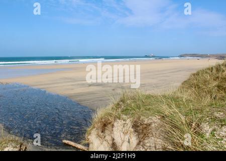 Gwithian Beach, Cornwall with Godrevy Lighthouse in the distance. Taken from the South West Coastal Path Stock Photo