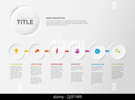 Vector light progress steps template made from six light relief circles with descriptions and icons and rainbow colorful timeline in the background. L Stock Vector