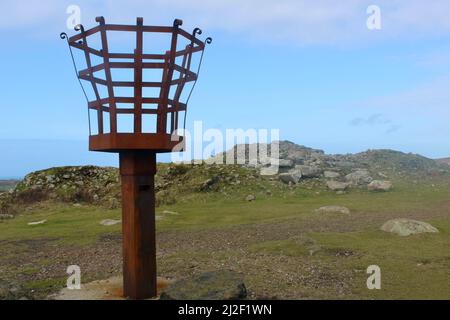 Chapel Carn Brea hilltop with fire basket. Once used as early