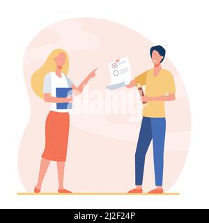 Student giving test to teacher. Intern, tutor, examinee. Flat vector illustration. Education, internship, training, knowledge checking concept for ban Stock Vector