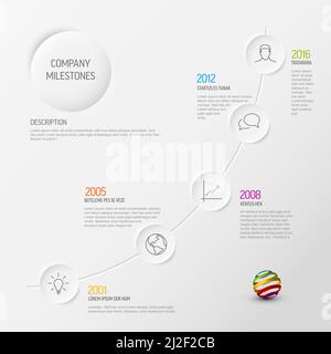 Infographic progress timeline template with relief circle elements with icons and descriptions. Light gradient version with color elements and sample Stock Vector
