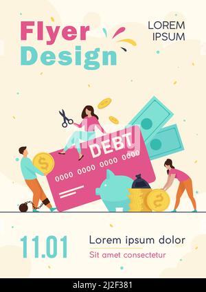 Tiny people in trap of credit card debt flat vector illustration. Cartoon characters paying money for expenses. Financial interest and infographics co Stock Vector