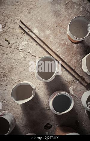 handmade ceramics, empty craft ceramic cup on gray background Stock Photo