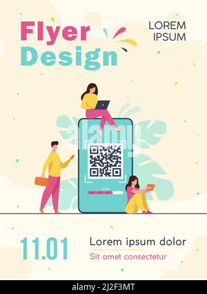 Tiny people using QR code for online payment isolated flat vector illustration. Cartoon infographic characters using smartphone for scan of QR code. D Stock Vector