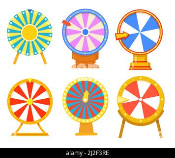 Trendy colorful wheels of fortune flat illustration collection. Cartoon spinning roulettes with prize sections isolated vector illustrations. Gambling Stock Vector