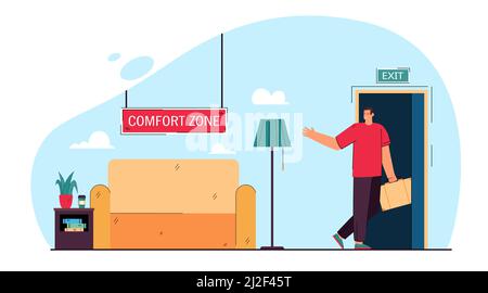 Businessman leaving comfort zone flat vector illustration. Office worker on way of changing lifestyle going through exit door. Comfort, change, stress Stock Vector