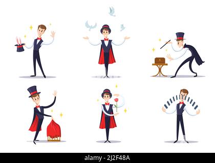 Cartoon magician set. Circus showman wearing top hat and cape, conjurer doing tricks. Vector illustration for show, fair, illusion, imagination concep Stock Vector