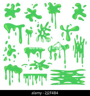Toxic various green slime flat set for web design. Cartoon slimy goo splashes, blobs and mucus drops isolated vector illustration collection. Decorati Stock Vector