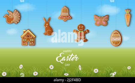 easter background with gingerbread cookies on spring landscape Stock Vector