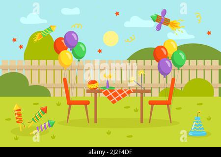 Colorful fireworks and balloons with table in backyard. Firecrackers, confetti, table, chairs, fence in background cartoon vector illustration. Party, Stock Vector