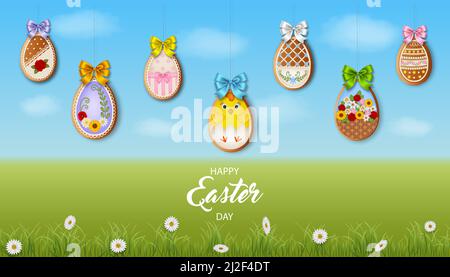 easter background with gingerbread cookies on spring landscape Stock Vector
