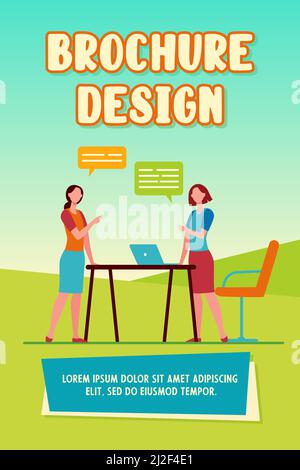 Two female colleagues discussing work. Laptop, team, speech bubble flat vector illustration. Business and communication concept for banner, website de Stock Vector