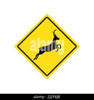 Vector black deer silhouette on yellow rhombus. Attention road sign isolated on white background Stock Vector