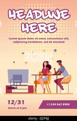 Couple sitting at table and watching TV. Together, coffee, family flat vector illustration. Leisure and entertainment concept for banner, website desi Stock Vector