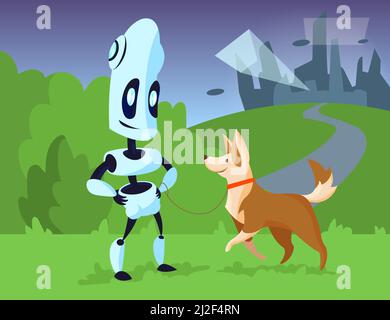 Cartoon robot walking dog in park illustration. Mechanical character smiling with happy pet on leash, silhouette of tall buildings in background. Mode Stock Vector