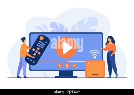Vector illustration for movie watching, home entertainment concept. Tiny couple watching video on Internet. Man holding remote control, woman standing Stock Vector