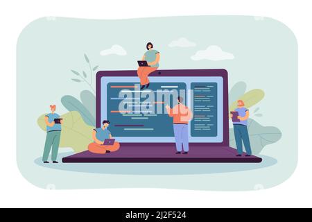 Cartoon tiny young programmers and coders working with computers. Flat vector illustration. Giant laptop and coding or scripting console web engineers Stock Vector