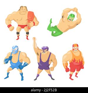 Cartoon set of Mexican wrestler fighters in masks. Vector illustration. Angry, gloomy wrestlers in colorful suits, in different poses during fight. Fi Stock Vector
