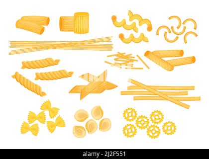 Different types of Italian pasta flat vector illustrations set. Raw macaroni, penne, farfalle, ziti, fusilli, spaghetti isolated on white background. Stock Vector