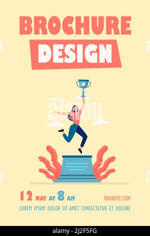 Woman celebrating victory. Girl holding gold cup on winner podium flat vector illustration. Winning, success, achievement concept for banner, website Stock Vector