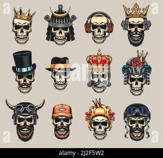 Colored skulls flat badge set. Scary skulls with helmet, bandana, crown, gentleman cap, hair and headset isolated vector illustration collection. Shir Stock Vector