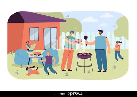 Family barbecue dinner. Mother, father and kid with dog grilling bbq meat in garden. Vector illustration for eating outdoors, backyard, house concept Stock Vector