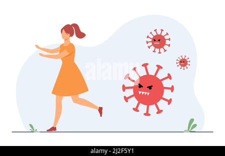 Woman running from aggressive covid. Person avoiding infection, saving from disease. Flat vector illustration. Coronavirus, pandemic panic concept for Stock Vector