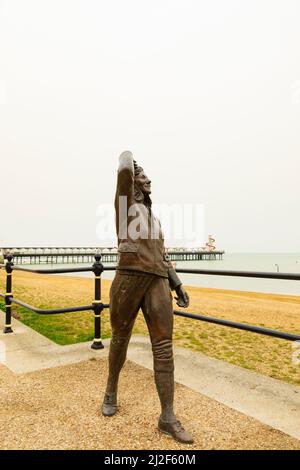 Bronze statue of pioneering aviatrix Amy Johnson, who died off the coast of Herne Bay after bailing out of her aircraft. promenade, Herne Bay, Kent, E Stock Photo