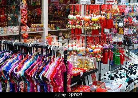 Exterior of a colourful souvenir shop in Chinatown selling goods to celebrate the Chinese New Year Central London UK Stock Photo