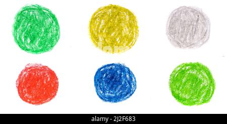 multicolored circles drawn with oil pencils isolated on white background. High quality illustration Stock Photo