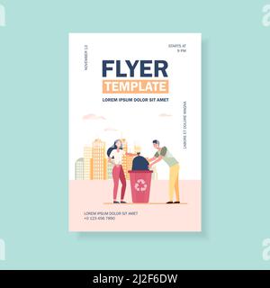 Couple of volunteers collecting garbage. People placing bag with trash into bin flat vector illustration. Waste reducing, volunteering, recycling conc Stock Vector