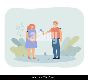 Cute boy giving flower to girl. Cartoon boyfriend and girlfriend on date flat vector illustration. First feelings, dating concept for banner, website Stock Vector