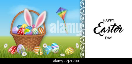 Easter banner with wicker basket and easter eggs Stock Vector