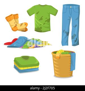 Dirty clothes laundry steps. Jeans , pants, socks with muds, pile of clothes in basket, stack of clean shirts and t-shirts. Flat vector illustrations Stock Vector